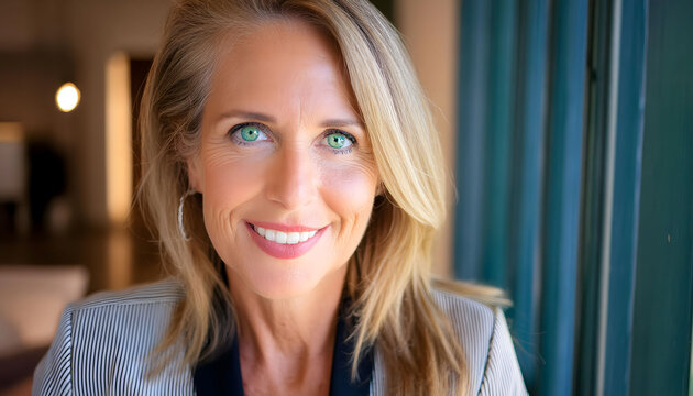 The attractive middle-aged woman with colorful eyes, smiling towards the camera in close-up