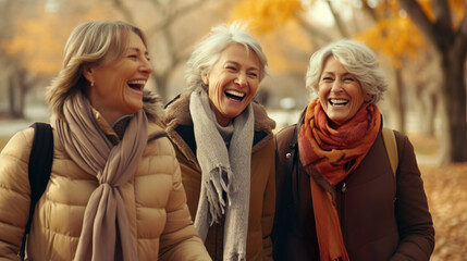 Senior female friends: Retired age chatting happily, enjoying and walking together on outdoor paths to relax in the park.