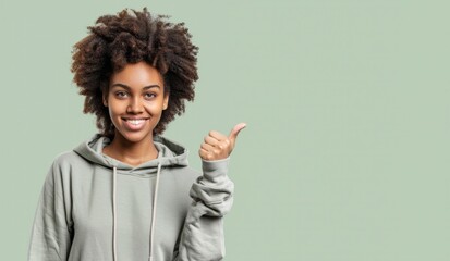 Happy curly haired girl makes thumbs up sign isolated on green background.