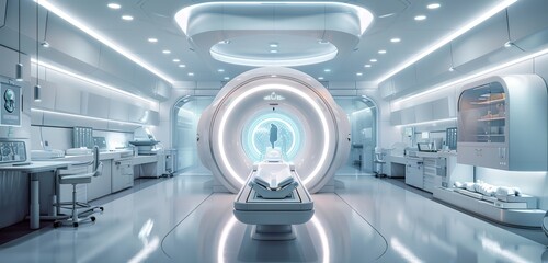 Advanced medical technology in a futuristic hospital room with a state-of-the-art MRI machine