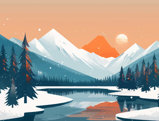 a snowy mountain scene with a lake and trees