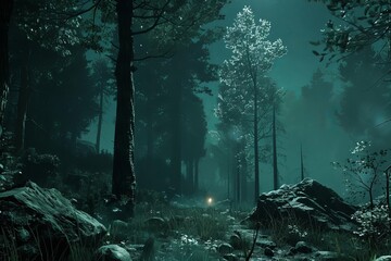 A dark and mysterious forest with a glowing light in the distance. - obrazy, fototapety, plakaty
