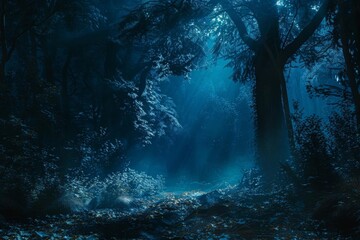pathway through a dark forest at night - obrazy, fototapety, plakaty