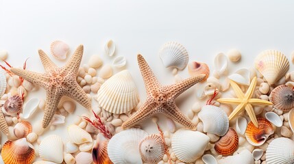 Fototapeta na wymiar Beautiful coastal holiday vacation banner with seashells, pebbles and starfish on white background