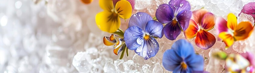 A close-up photograph of colorful pansies on ice. - obrazy, fototapety, plakaty