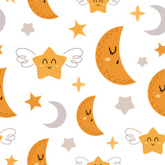 Moon and stars seamless pattern in cartoon flat style. Celestial digital paper. Hand drawn vector pattern	