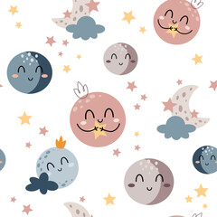 Moon and stars seamless pattern in cartoon flat style. Celestial digital paper. Hand drawn vector pattern	