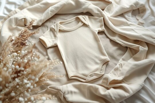 Beige baby bodysuit surrounded by white blanket and dry grass
