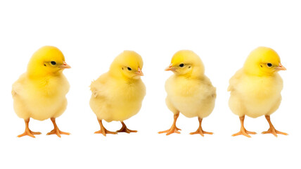 Four yellow chickens isolated on transparent background.
