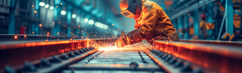 Welder wearing in special clothing and a protective helmet welding in the workshop. Engineering, manufacturing and working concept. - Powered by Adobe