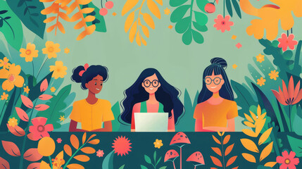 Colorful vector illustration celebrating Administrative Professionals Day with three women working together
