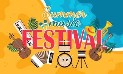 Festival music. Summer, sea, beach, musical instruments. Colorful vector poster.