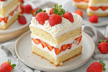 Delectable homemade strawberry sponge cake slice with fresh berries and whipped cream on a plate