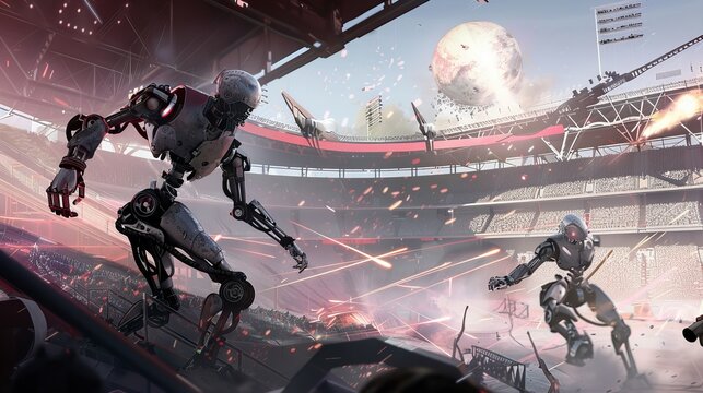 A futuristic arena with robots playing a game