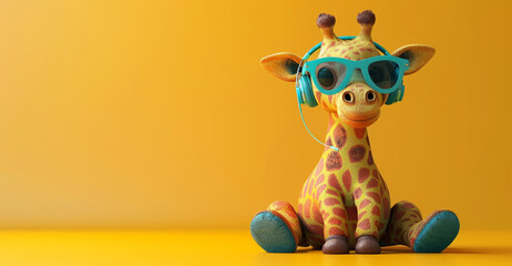 Colorful cartoon giraffe with headphones and sunglasses on yellow background