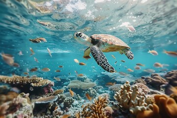 photo of Sea turtle in the island .sea turtle close up over coral reef in Hawaii ,curious sea turtle swimming gracefully through clear turquoise waters, its intricate shell adorned with barnacles	