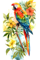 Illustration of parrot on the tropical branches with leaves. Tropical bird watercolor illustration, parrot, flowers and palm leaf in isolated white background