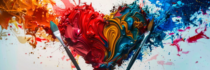 Art teacher inspiring creativity, with paintbrushes, palettes, and colorful splashes forming a heart.