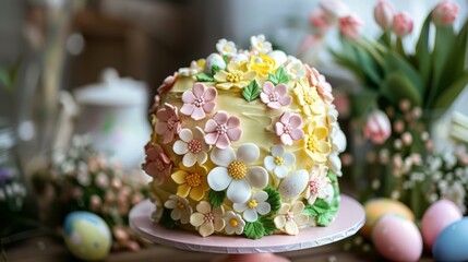 Intricate Easter Cake with Icing Flowers and Egg Decorations.