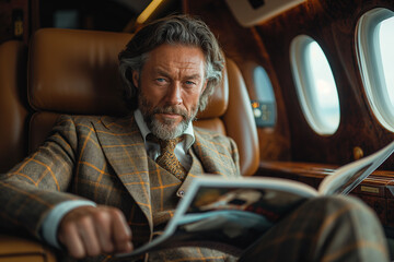 Elite business professional in a high-end suit, seated in a plane, engrossed in reading magazines, embodying the essence of success and sophistication.