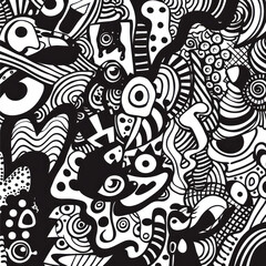 Obraz premium AI's creative prowess shines through in the intricate details of the abstract doodle art piece against a black and white background.