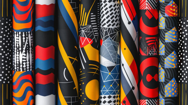 Vibrant collection of geometric seamless patterns on fabric rolls for creative design