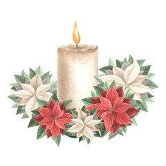 Candle with poinsettia red and white flowers. Christmas decoration in vintage. Hand drawn watercolor illustration holiday design. Isolated template for invitation, greeting card, New Year, wrapping.