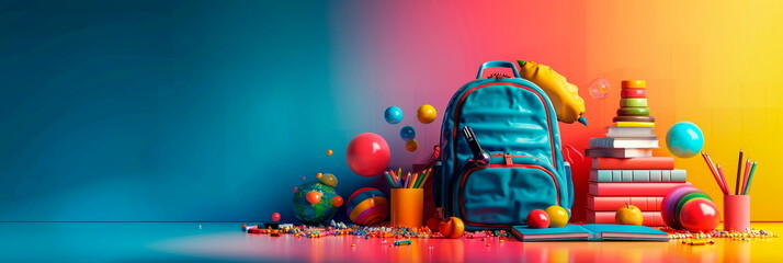 A giant backpack overflowing with school supplies, books, and other fun items, set against a bright and colorful background. - Powered by Adobe