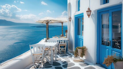 Greek culture with traditional white and blue greek architecture, taverna by the sea - obrazy, fototapety, plakaty