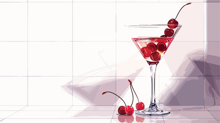 Glass of tasty cocktail with maraschino cherries on white - obrazy, fototapety, plakaty