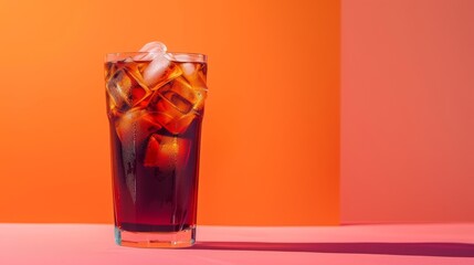 Refreshing cold brew coffee with ice cubes, served in a clear glass, contrasted against a bright, solid color background for a vibrant look