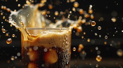 Refreshing cold brew coffee with cream flowing in, dynamic splash, isolated against dark backdrop, studio lights