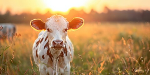 A single cow stands in a field with wildflowers at golden hour, showcasing rural farm life during sunset.