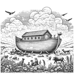 Noah Ark, a biblical boat ship vessel, resting on water with two doves in the foreground sketch engraving generative ai raster illustration. Scratch board imitation. Black and white image.