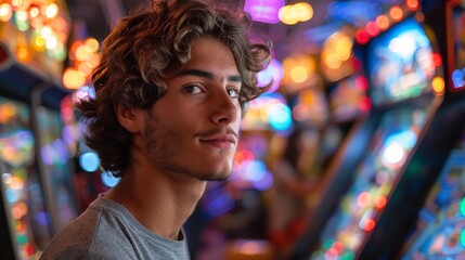 Portrait of an young man enjoying arcade games in a hall with neon light backdrop and big space for text or product advertisement, Generative AI.