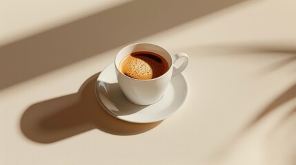 Minimalist coffee setup with a cup of hot espresso, subtle shadows on a plain background, raw and authentic ad style