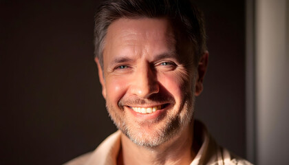 Fototapeta premium The pleasant-looking middle-aged man, smiling towards the camera in close-up