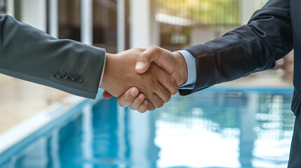 Close up of two business men shaking hands in the office, a businessman making a deal with a swimming pool manager at a desk.