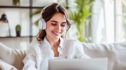 Сheerful and attractive girl with headphones performs office tasks remotely from the comfort of her home. She is seen using a laptop computer, engaged in distance learning and online work in a well-li
