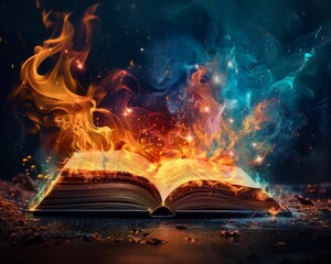 Unleash the fiery creativity of a burning book, illuminating the pages with vibrant hues and chaotic patterns - obrazy, fototapety, plakaty