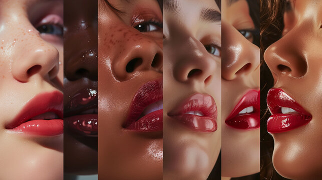 A collection of pictures showing models of different ages and skin tones with shiny lips in different places.