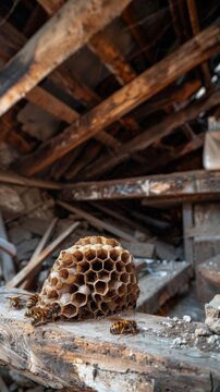 An abandoned wasp nest in an old barn, with the rustic wooden beams and faded paint adding a moody, atmospheric backdrop to the deserted nest