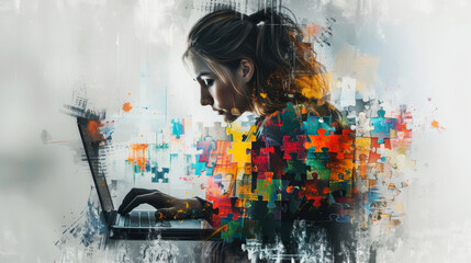 Creative woman immersed in a vibrant digital art collage