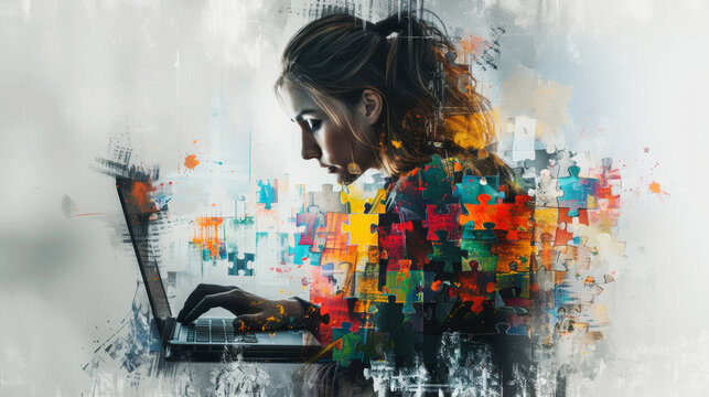 Creative woman immersed in a vibrant digital art collage