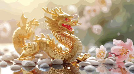 Golden Chinese Dragon figurine with beautiful flowers