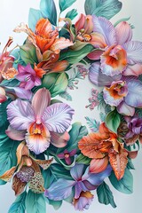 elegant wreath made from exotic flowers, including lilies and orchids in pastel color. ai generated