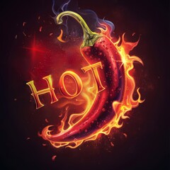 Design an image of a chili pepper with flames surrounding it and the word HOT written in fire text