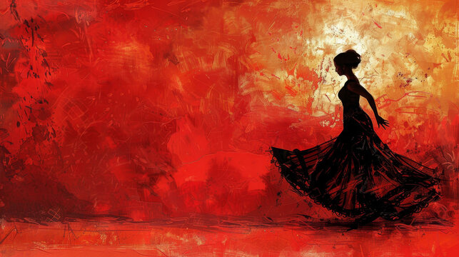 Elegant Spanish woman dancing flamenco in a vibrant abstract background