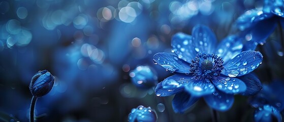 A close shot of indigo flowers among nature with a big blurry backdrop for text or product advertisement background, Generative AI.