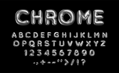 3d chrome english alphabet. Bubble letters, numbers and symbols with silver metallic effect. Inflated abc, plump pop characters. Vector illustration rendering. Balloon latin text.